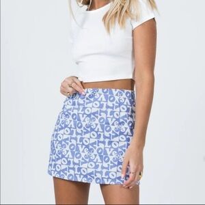 Motel Rocks Blue and White Love Print Mini Skirt